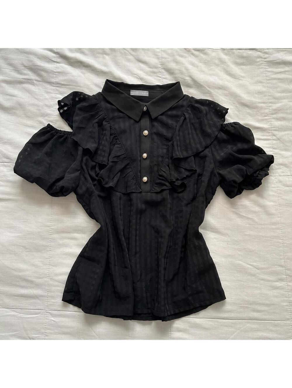 Axes Femme Poetique Black Cold Shoulder Ruffle Puff Sleeve Blouse M Japan